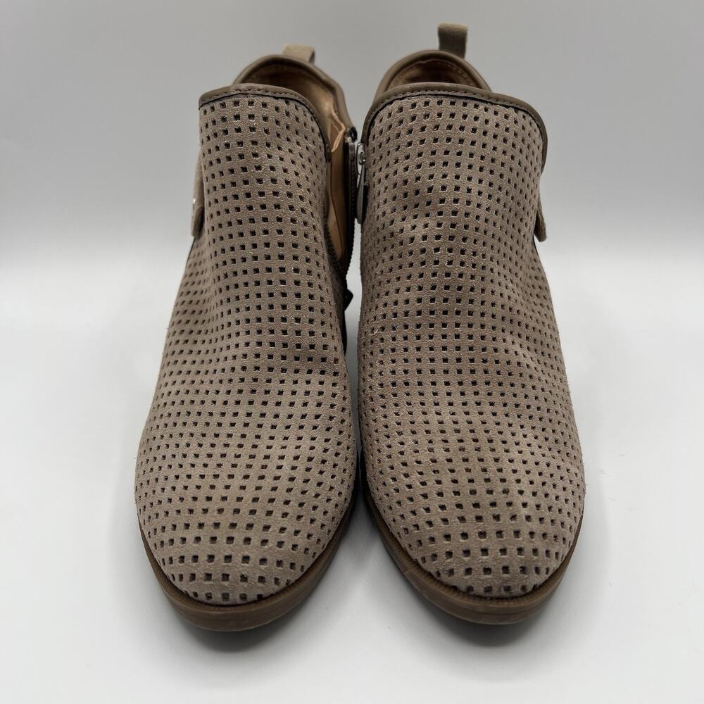 Franco Sarto Perforated Suede Ankle Booties Taupe Side Zip Block Heel Size 6.5